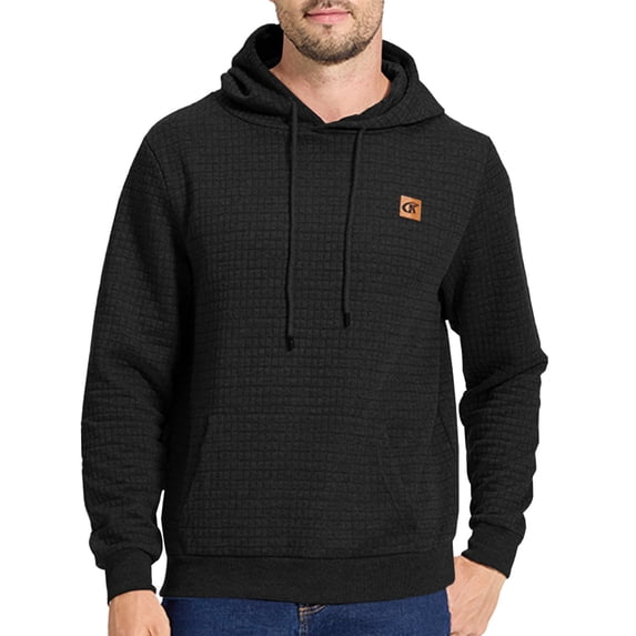 Satankud Men's Pullover Hoodies Plaid Jacquard Weave Long Sleeve Drawstring Hipster Casual Hooded Sweatshirts with Kanga Black L