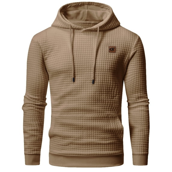 Satankud Men's Pullover Hoodies Plaid Jacquard Weave Long Sleeve Drawstring Hipster Casual Hooded Sweatshirts with Kanga Khaki L