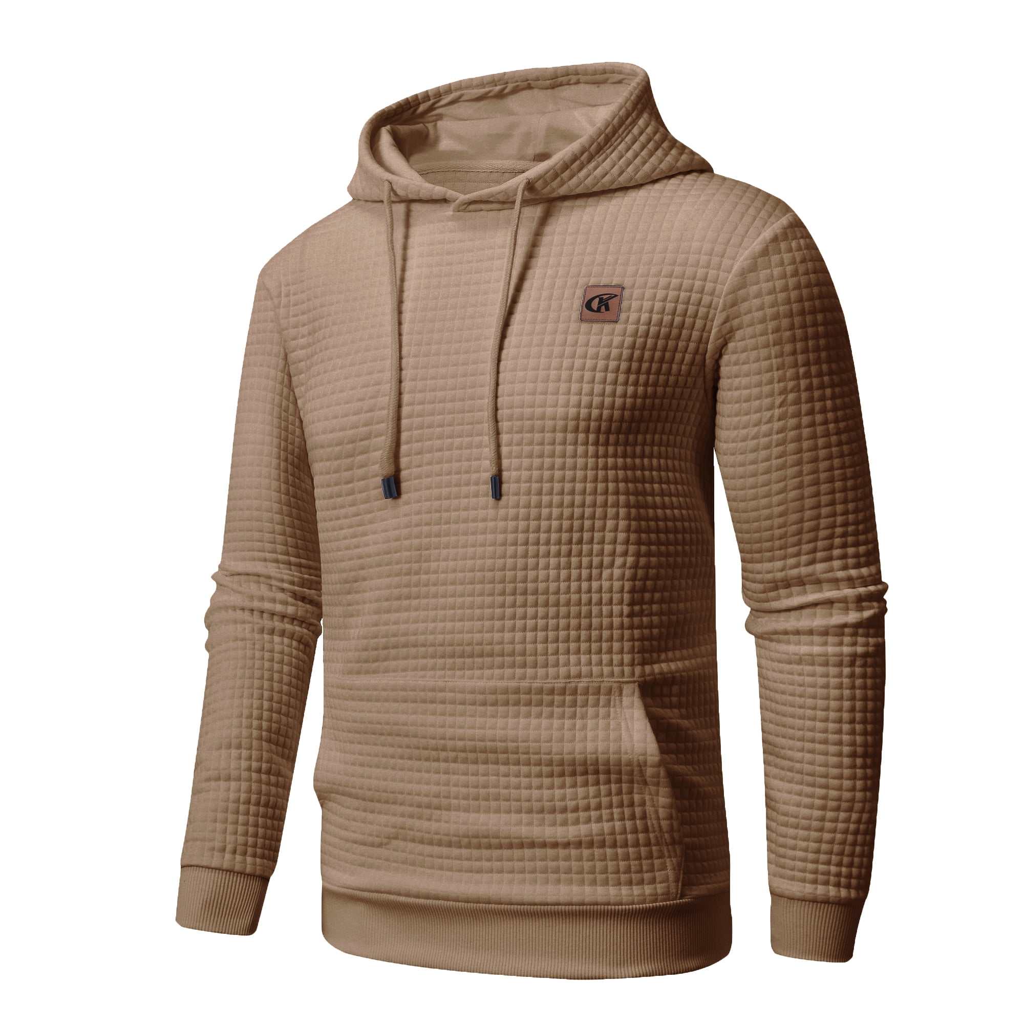 Satankud Men's Pullover Hoodies Plaid Jacquard Weave Long Sleeve Drawstring Hipster Casual Hooded Sweatshirts with Kanga Khaki S