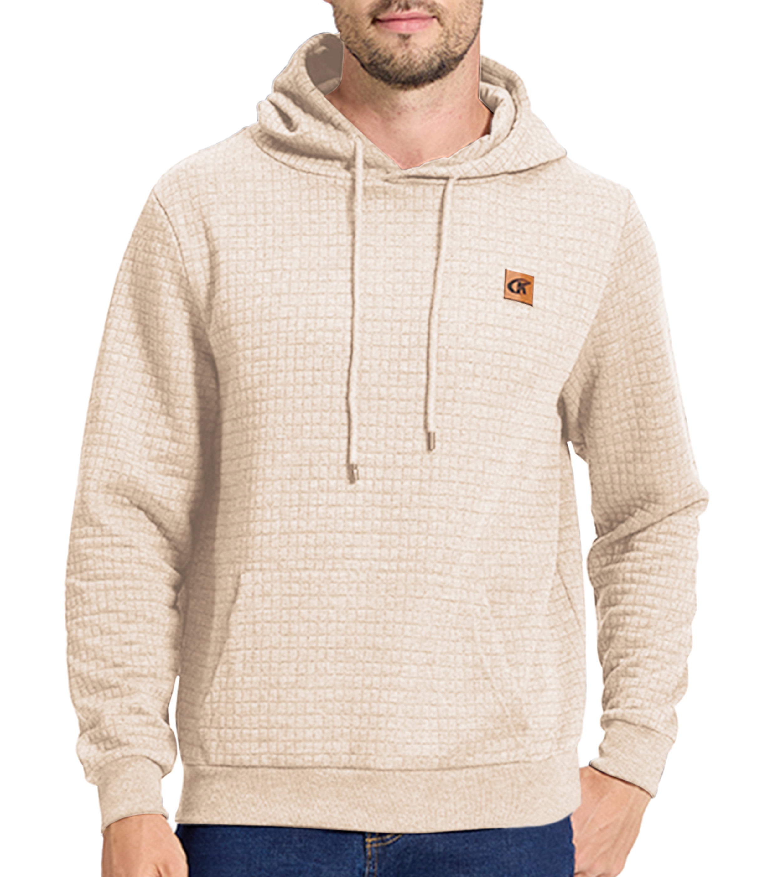 Satankud Men's Pullover Hoodies Plaid Jacquard Weave Long Sleeve Drawstring Hipster Casual Hooded Sweatshirts with Kanga Light Beige L