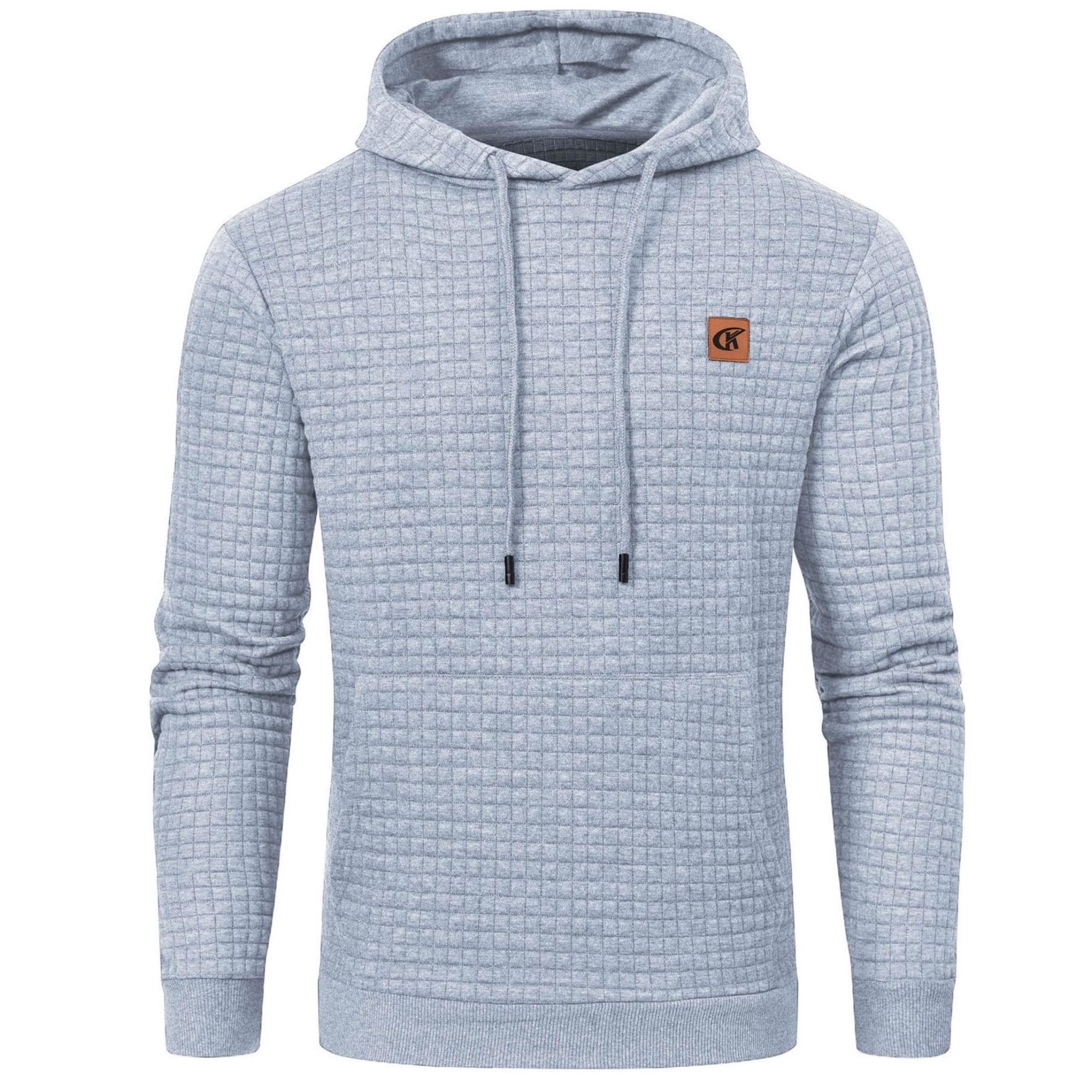 Satankud Men's Pullover Hoodies Plaid Jacquard Weave Long Sleeve Drawstring Hipster Casual Hooded Sweatshirts with Kanga Lightgrey S