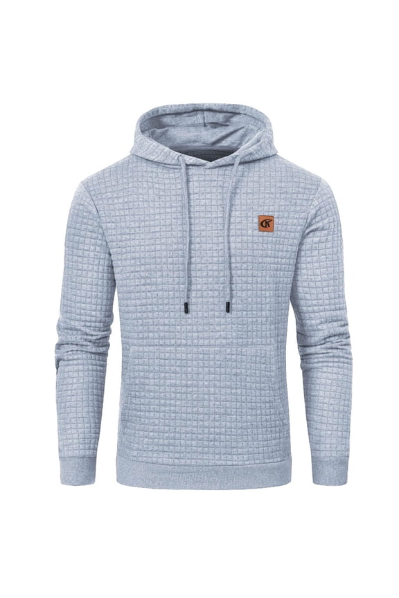 Men's Pullover Hoodies Plaid Jacquard Weave Long Sleeve Drawstring Hipster Casual Hooded Sweatshirts with Kanga Lightgrey XL