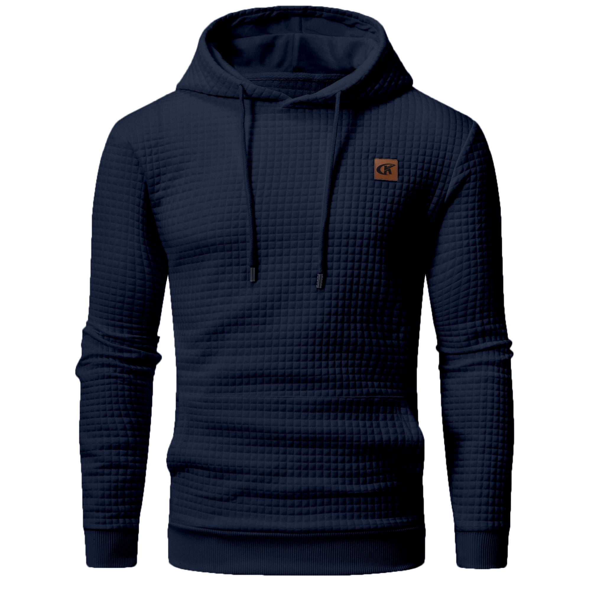 Satankud Men's Pullover Hoodies Plaid Jacquard Weave Long Sleeve Drawstring Hipster Casual Hooded Sweatshirts with Kanga Navyblue M
