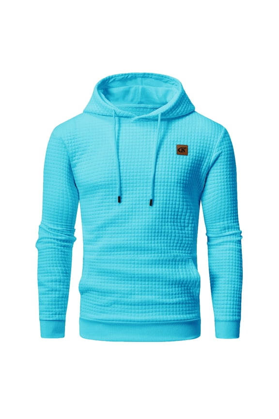 Men's Pullover Hoodies Plaid Jacquard Weave Long Sleeve Drawstring Hipster Casual Hooded Sweatshirts with Kanga Sky Blue 2XL