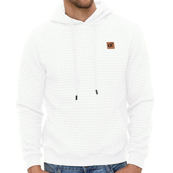 Satankud Men's Pullover Hoodies Plaid Jacquard Weave Long Sleeve Drawstring Hipster Casual Hooded Sweatshirts with Kanga White XL