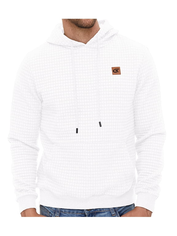 Men's Pullover Hoodies Plaid Jacquard Weave Long Sleeve Drawstring Hipster Casual Hooded Sweatshirts with Kanga White XL