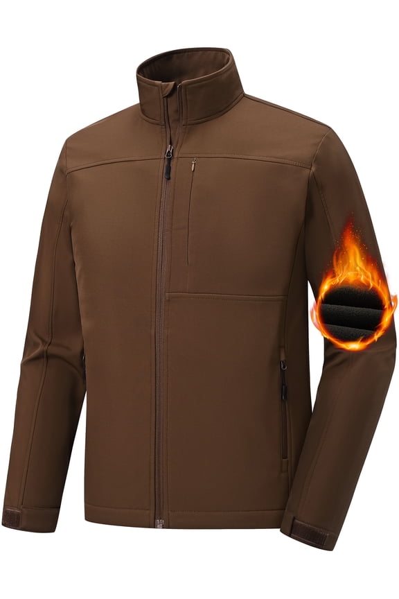Men's Softshell Jacket Fleece Lined Waterproof Stand Collar Soft Lightweight Shell Rain Jacket Windbreaker Outdoor Hiking Brown S