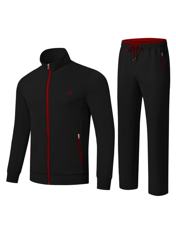 Men's Tracksuits 2 Pieces Set Long Sleeve Causal Full Zip Athletic Tracksuits Jogging Gym Sports Sweatsuit for Men 2 Piece Outfits Black-2XL