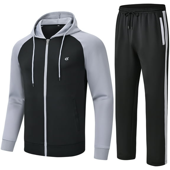 Satankud Men's Tracksuits 2 Pieces Set Long Sleeve Causal Full Zip Hiking Jogging Gym Sports Sweatsuit for Men 2 Piece Hoodie Outfits Black&LightGray XL
