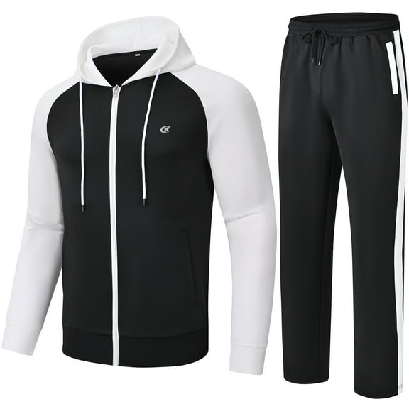 Satankud Men's Tracksuits 2 Pieces Set Long Sleeve Causal Full Zip Hiking Jogging Gym Sports Sweatsuit for Men 2 Piece Hoodie Outfits Black&White S