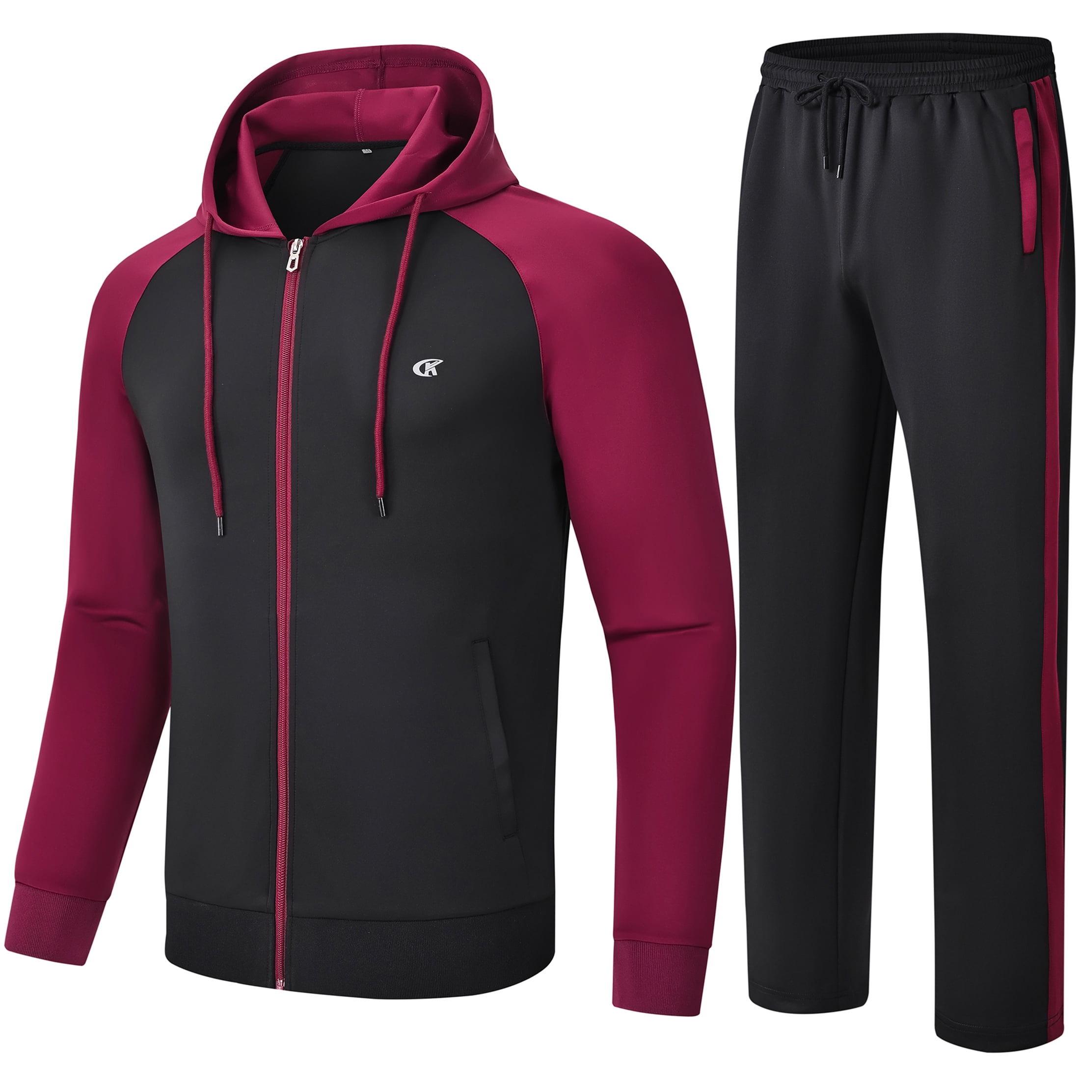 Men's Tracksuits 2 Pieces Set Long Sleeve Causal Full Zip Hiking Jogging Gym Sports Sweatsuit for Men 2 Piece Hoodie Outfits Black&Wine M