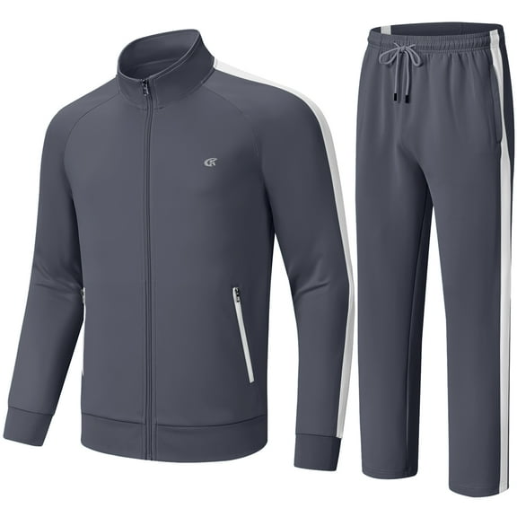 Satankud Men's Tracksuits 2 Pieces Set Long Sleeve Causal Full Zip Hiking Jogging Gym Sports Sweatsuit for Men 2 Piece Outfits Grey&White L