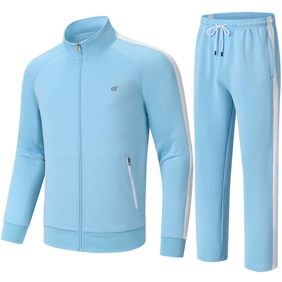 Satankud Men's Tracksuits 2 Pieces Set Long Sleeve Causal Full Zip Hiking Jogging Gym Sports Sweatsuit for Men 2 Piece Outfits Greyblue&White M