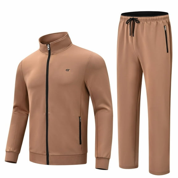 Satankud Men's Tracksuits 2 Pieces Set Long Sleeve Causal Full Zip Hiking Jogging Gym Sports Sweatsuit for Men 2 Piece Outfits Khaki 2XL