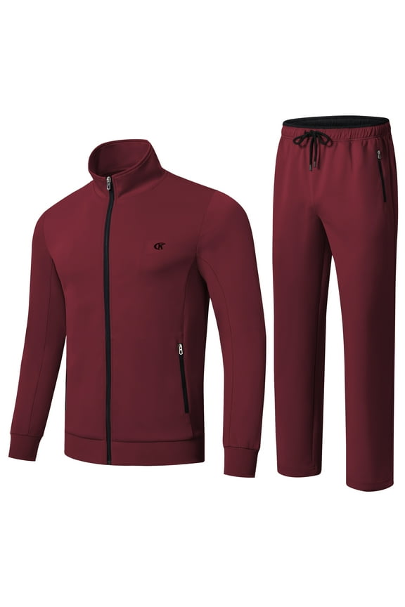 Men's Tracksuits 2 Pieces Set Long Sleeve Causal Full Zip Hiking Jogging Sports Sweatsuit 2 Piece Outfits Wine XL