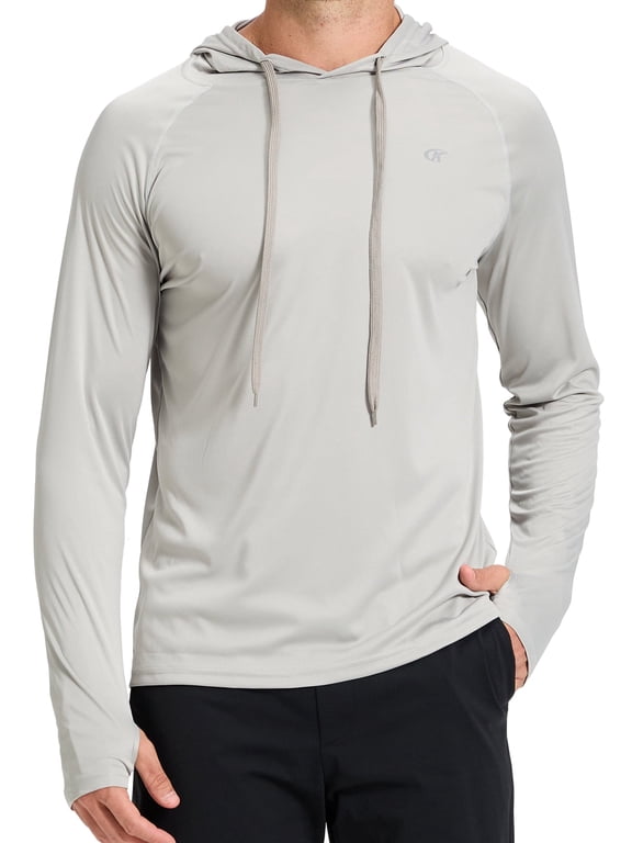 Men's UPF 50+ Long Sleeve Sunscreen Hoodie UV Sun Protection Hoodie with Thumbholes for Workout Fishing Hiking Sports Long Sleeve Hoodie Light Grey L