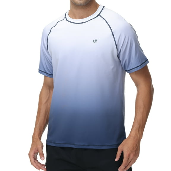 Satankud Men's UPF 50  UV Rash Guards Swim T-Shirt Quick Dry Running Shirt Surf Fishing Beach Hiking Workout Shirts White Gradient Navy L