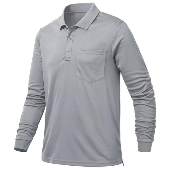 Satankud Mens Golf Shirt Long Sleeve 3 Button Moisture Wicking Dry Fit Solid Casual Golf Polo Shirts for Men Light Gray M