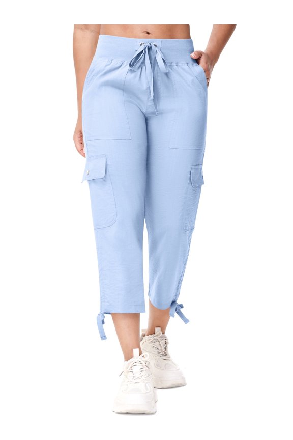 Women's Cargo Capris Hiking Pants Lightweight Quick Dry Outdoor Athletic Casual Loose Comfy Elastic Waist with Pockets Blue L