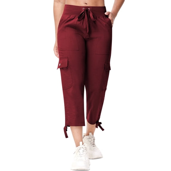 Muvtei Women's Cargo Capris Hiking Pants Lightweight Quick Dry Outdoor Athletic Casual Loose Comfy Elastic Waist with Pockets Wine M
