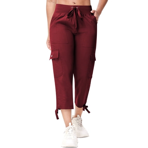 Satankud Women's Cargo Capris Hiking Pants Lightweight Quick Dry Outdoor Athletic Casual Loose Comfy Elastic Waist with Pockets Wine M