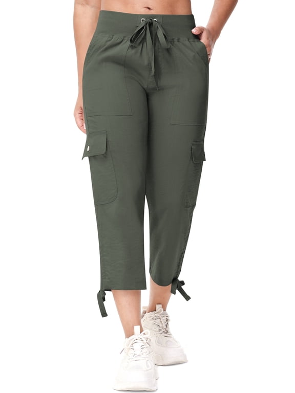 Women's Cargo Capris Hiking Pants for Camping Outdoor Athletic Casual Loose Comfy Elastic Waist with Pockets Quick Dry Armygreen XXL
