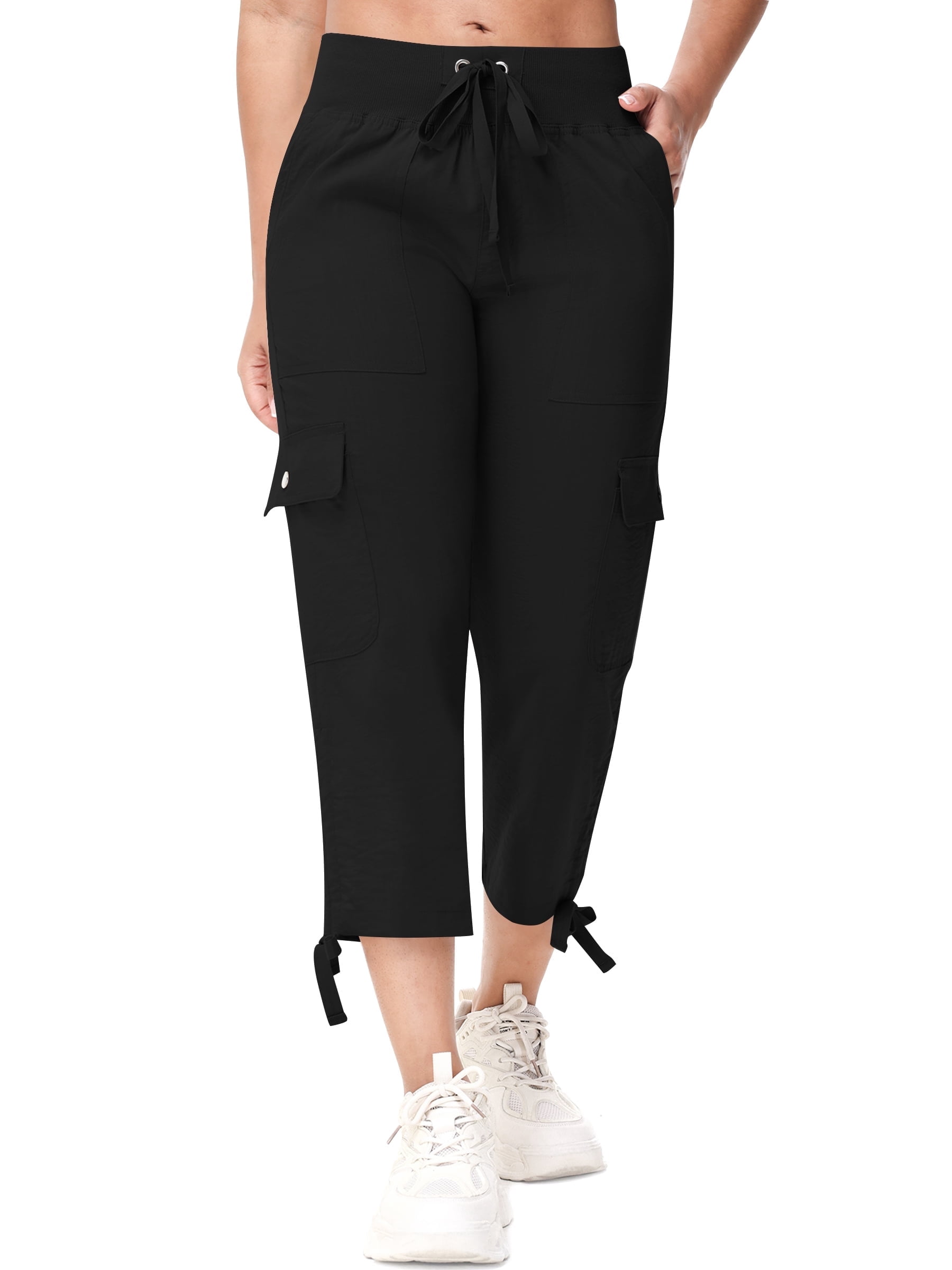 Women's Cargo Capris Hiking Pants for Camping Outdoor Athletic Casual Loose Comfy Elastic Waist with Pockets Quick Dry Black L