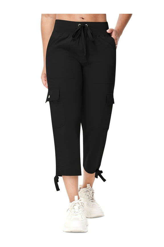 Women's Cargo Capris Hiking Pants for Camping Outdoor Athletic Casual Loose Comfy Elastic Waist with Pockets Quick Dry Black M