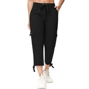 Satankud Womens Cargo Capris Hiking Pants for Camping Outdoor Athletic Casual Loose Comfy Elastic Waist with Pockets Quick Dry Black S
