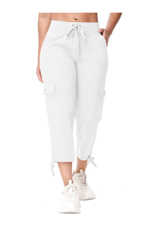 Women's Cargo Capris Hiking Pants for Camping Outdoor Athletic Casual Loose Comfy Elastic Waist with Pockets Quick Dry White L