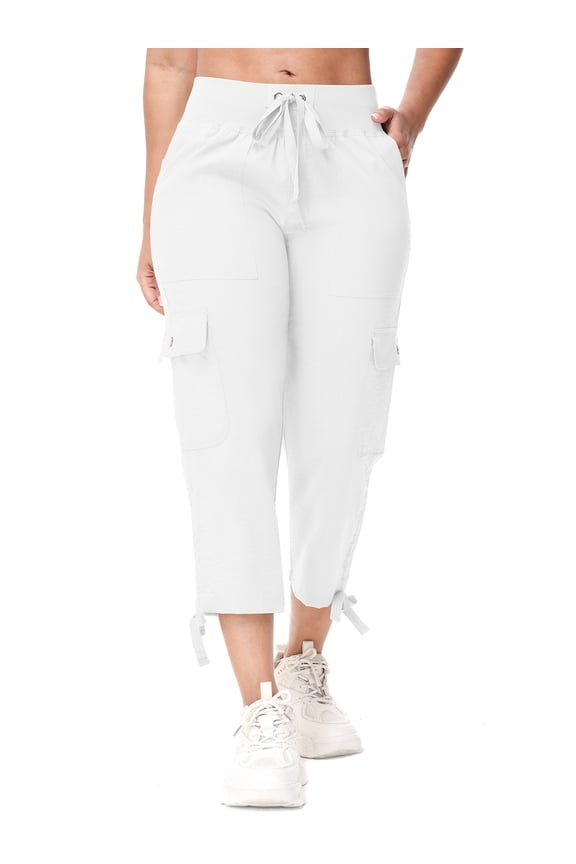Women's Cargo Capris Hiking Pants for Camping Outdoor Athletic Casual Loose Comfy Elastic Waist with Pockets Quick Dry White L