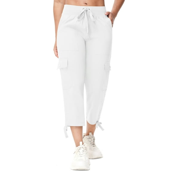 Satankud Women's Cargo Capris Hiking Pants for Camping Outdoor Athletic Casual Loose Comfy Elastic Waist with Pockets Quick Dry White M