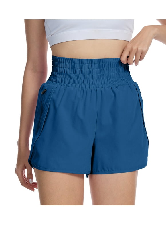 Women's High Waisted Running Shorts Mesh Liner Quick Dry Athletic Gym Track Workout Shorts Zip Pocket Blue Size M