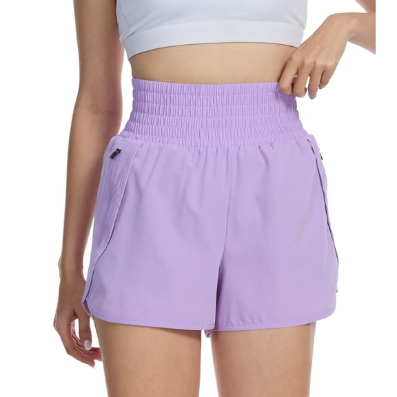 Satankud Women's High Waisted Running Shorts Mesh Liner Quick Dry Athletic Gym Track Workout Shorts Zip Pocket Lilac Size XL
