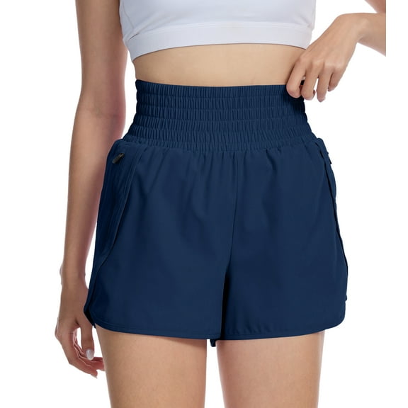 Satankud Women's High Waisted Running Shorts Mesh Liner Quick Dry Athletic Gym Track Workout Shorts Zip Pocket Navy Blue Size 2XL