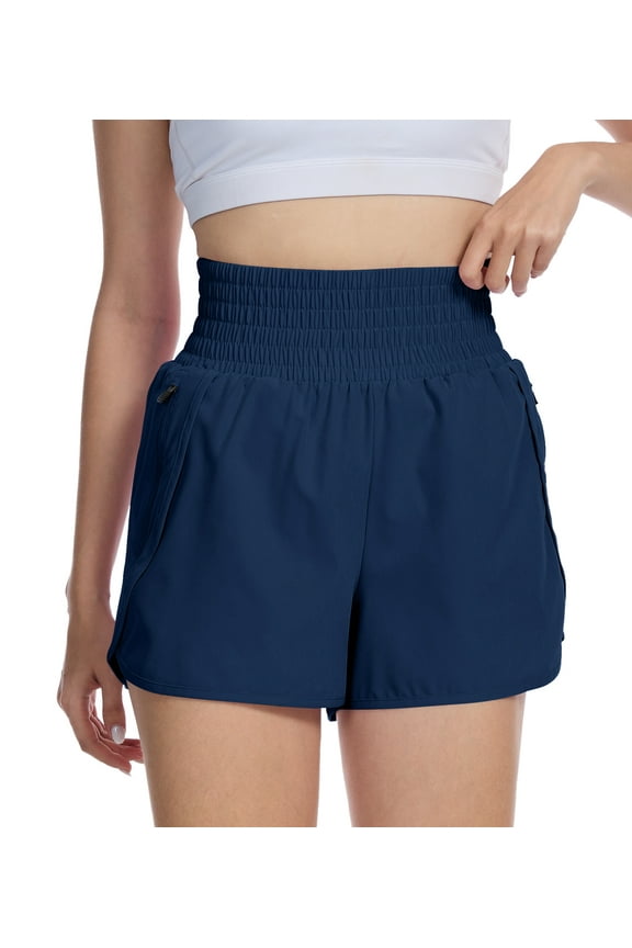 Women's High Waisted Running Shorts Mesh Liner Quick Dry Athletic Gym Track Workout Shorts Zip Pocket Navy Blue Size 2XL