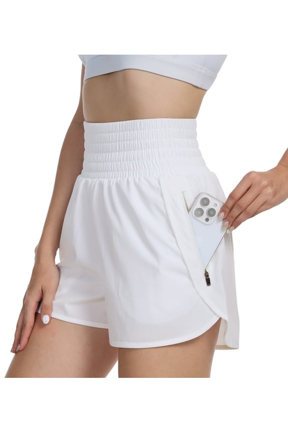 Women's High Waisted Running Shorts Mesh Liner Quick Dry Athletic Gym Track Workout Shorts Zip Pocket White Size S