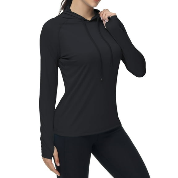 Satankud Women's Long Sleeve Hoodie UPF 50  Sun Protection UV Hoodie Tops Rashguard with Thumb Hole for Yoga Hiking Sports Tops Black 2XL