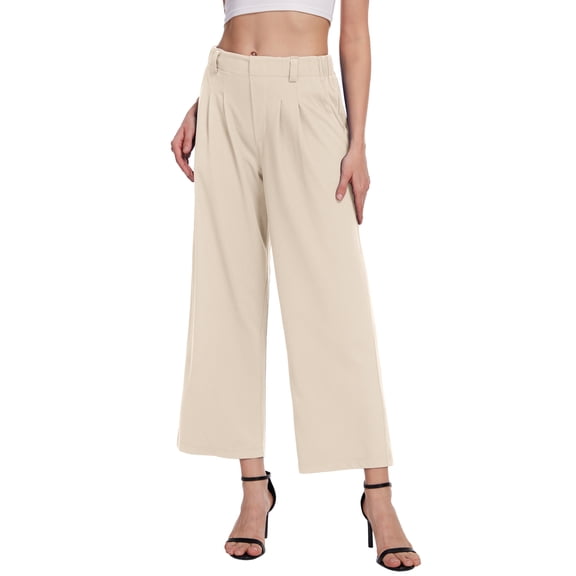 Satankud Women's Wide Leg Pants 27" High Waisted Waffle Knit Casual Slacks Work Pants Business Palazzo Trousers with Pockets Beige 2XL