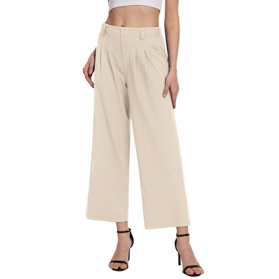 Satankud Women's Wide Leg Pants 27" High Waisted Waffle Knit Casual Slacks Work Pants Business Palazzo Trousers with Pockets Beige L