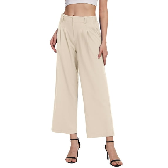 Satankud Women's Wide Leg Pants 27" High Waisted Waffle Knit Casual Slacks Work Pants Business Palazzo Trousers with Pockets Beige XS