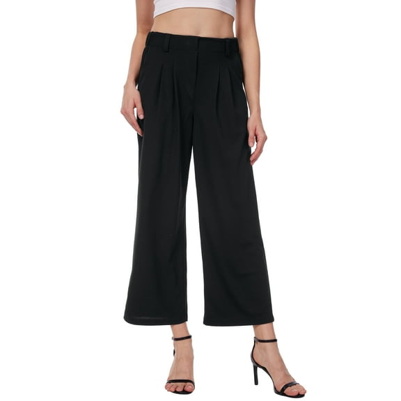 Satankud Women's Wide Leg Pants 27" High Waisted Waffle Knit Casual Slacks Work Pants Business Palazzo Trousers with Pockets Black 2XL