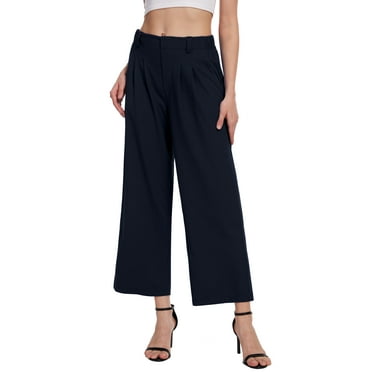 Satankud Women's Wide Leg Pants 27" High Waisted Waffle Knit Casual Slacks Work Pants Business Palazzo Trousers with Pockets Navy Blue M