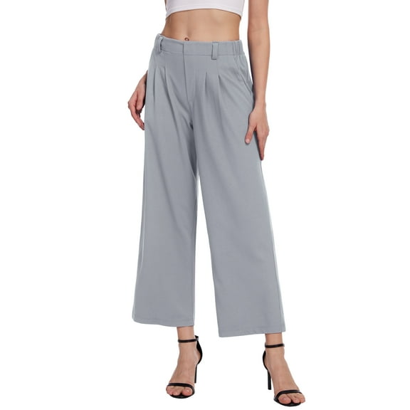 Satankud Women's Wide Leg Pants 27" High Waisted Waffle Knit Casual Slacks Work Pants Business Palazzo Trousers with Pockets Grey M