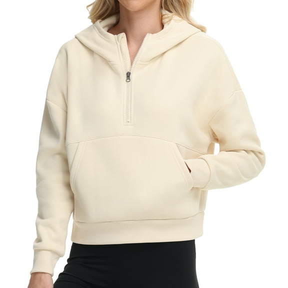 Satankud Womens Hoodies Vans Lined Collar Pullover 1/2 Zipper Sweatshirts Long Sleeve Casual Workout Crop Tops Sweater Light yellow 2XL