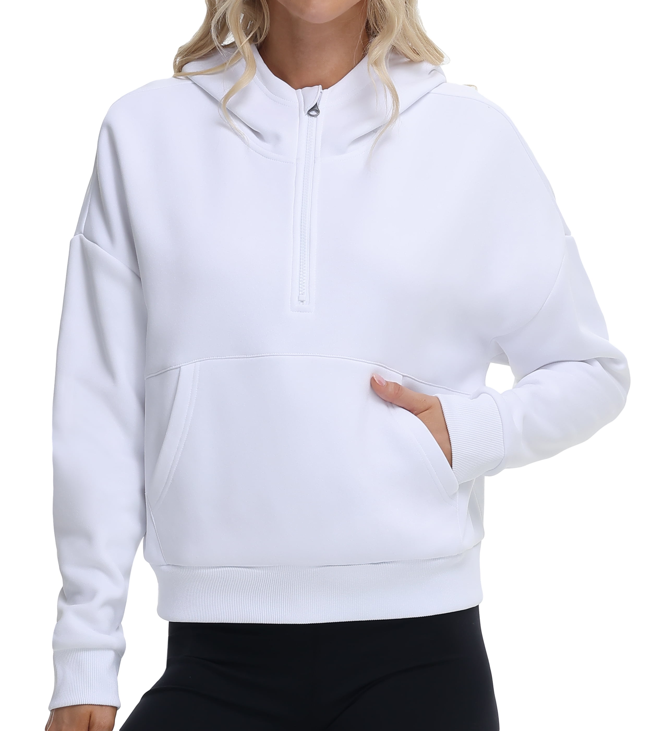 URBEST Women's Fleece Lined Hoodie - Half Zip Pullover With Thumb Holes & Crop Style