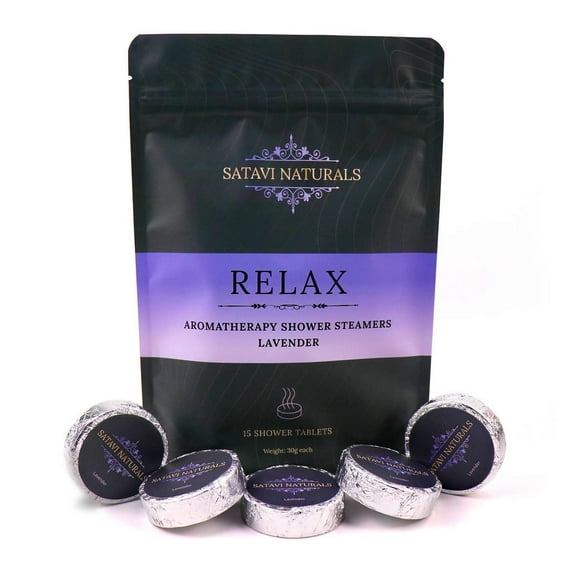 Satavi Naturals Aromatherapy Shower Steamers (15-Pack) Relax - Lavender Scented Vapor Tabs for Self-Care, Aromatic Shower Bath Bombs, Natural Essential Oils for Women & Men