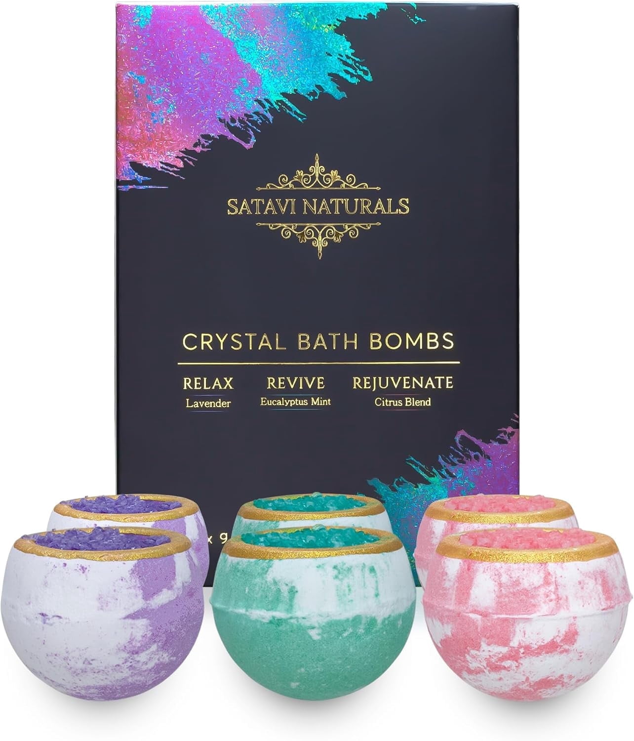 Satavi Naturals Crystal Bath Bombs (6 Pack) Luxurious Aromatherapy Bath Bombs Enriched with Nourishing Bath Salts for Silky Smooth Skin & Pleasantly Scented for an Immersive Zen-Like Experience