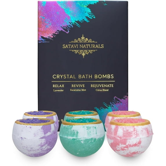 Satavi Naturals Crystal Bath Bombs (6 Pack) Luxurious Aromatherapy Bath Bombs Enriched with Nourishing Bath Salts for Silky Smooth Skin & Pleasantly Scented for an Immersive Zen-Like Experience