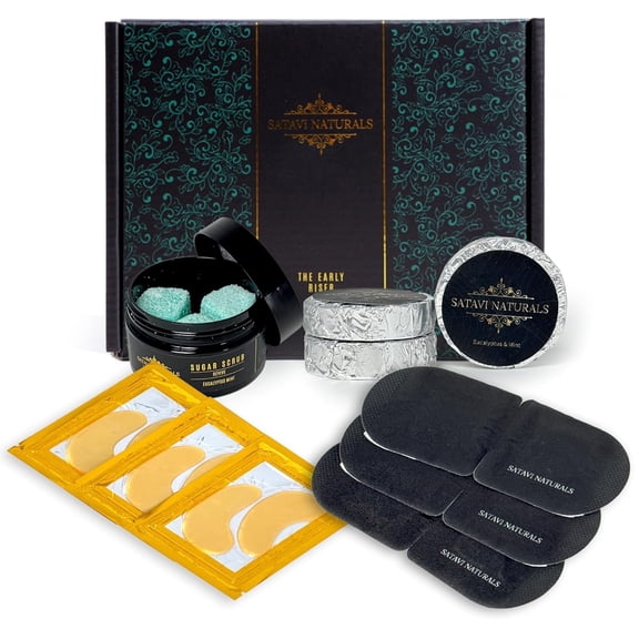 Satavi Naturals The Early Riser Self Care Kit - Includes Steam Eye Mask, Aromatherapy Shower Steamers, 24K Gold Eye Masks, Eucalyptus Mint Sugar Scrub - Morning Relaxation & Self Care Gifts for Women